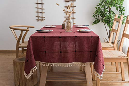 Lanqinglv Quaste Tischdecke 100x160 Rot Kariert Baumwolle und Leinen Tischtuch Rechteck Couchtisch Tischdecke Gartentischdecke Abwaschbar Küchentischabdeckung für Speisetisch (100x160,Rot)