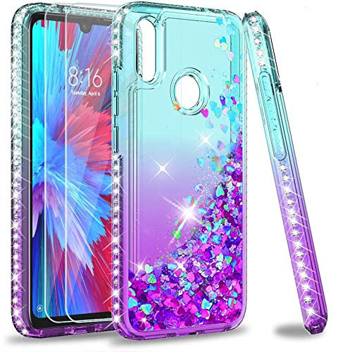 LeYi Schutzhülle für Xiaomi Redmi Note 7/Note 7 Pro mit Hartglas, 2 Stück, für Mädchen, personalisierbar, Flüssigkeit, Pailletten, transparent, 3D, Silikongel, TPU, stoßfest, Kawaii, Türkis, Violett