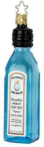 Christbaumschmuck Glas 12.5cm Dry Gin Flasche mundgeblasen handbemalt Weihnachtskugeln blau