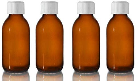 This Health Flacons en verre ambré de 150 ml avec couvercles blancs Medicap ~ Lot de 4 ~ Fermeture résistante aux enfants, rechargeables, réutilisables et solides de format voyage.