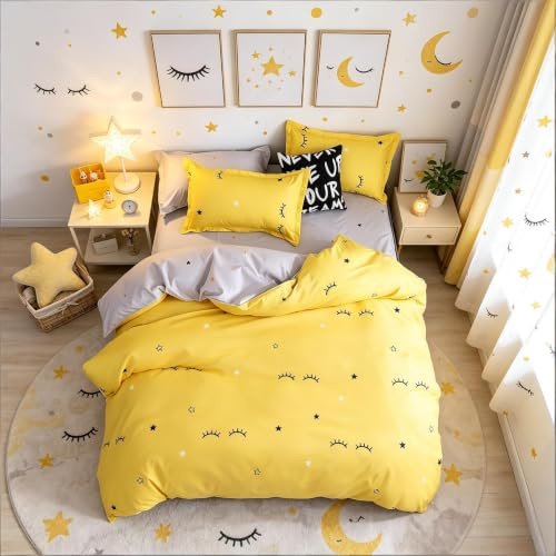 Kids Duvet Cover Set Cute Cartoon Eyelash Curved Stars Reversible Bedding Set for Girls Boys, Decorative Yellow Grey Microfiber Bedding &Linen with 1 Pillow Shams, Zipper, 3Pieces King Bed Cover