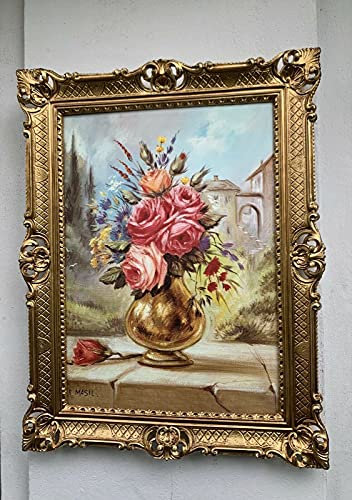 Blumenbild Gemälde Blumen in Goldenen Vase Blumen Bild mit Barock Rahmen Gold 90x70 Blumen in Vase Bild mit Rahmen Retro Repro Wohnzimmerbild Gerahmte Gemälde Blumen Bunte Rosen Antik Wandbild