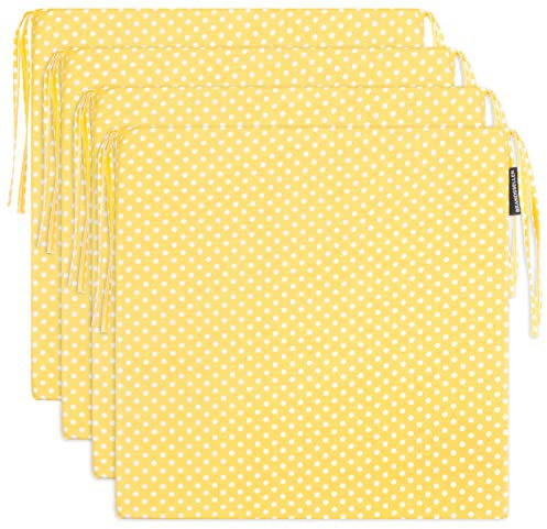 Brandsseller 4er Set Sitzkissen 40x40 cm mit Punkten – Bequeme Stuhlauflagen mit Bindebändern & abnehmbarem Bezug – Dekorative Sitzpolster für drinnen & draußen – Gelb