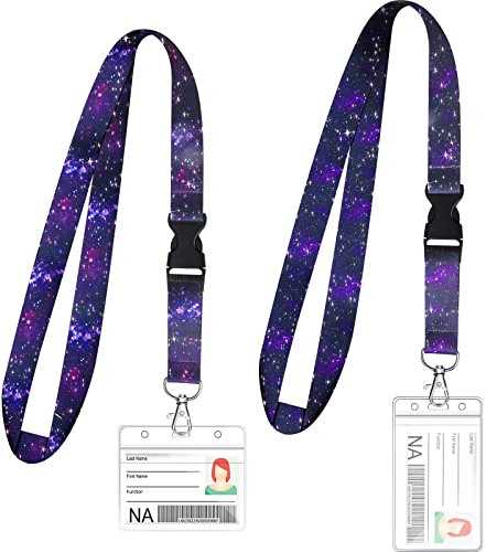 2 Set Cordino di Galassia Cinghia Spaziale Colorato Cordino da Collo Staccabile con Porta Badge Trasparente Porta Carte in PVC Verticale e Orizzontale per Insegnanti Donne Uomini