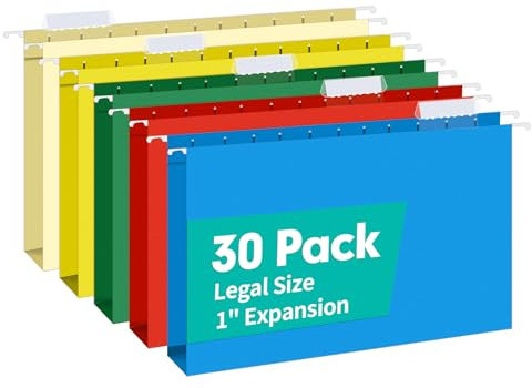 HERKKA Extra Capacity Legal Size Hanging File Folders, 30 Pack Reinforced Legal Size Hanging Folders with Heavy Duty 1 Inch Expansion, Designed for Bulky Files, Medical Charts, Assorted Colors