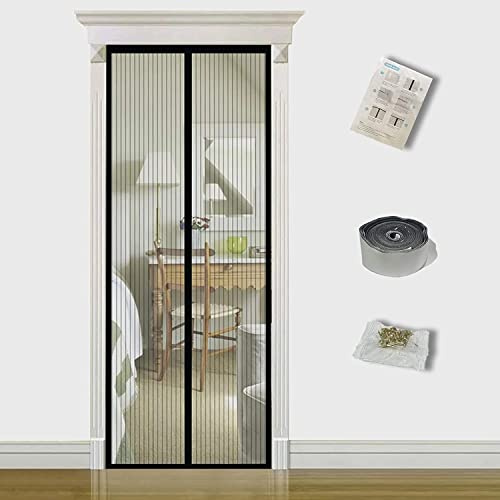 TQFlow Magnetic Screen Door,110x200cm Fly Screens for Doors,Anti Mosquito Heavy Duty Bug Mesh Curtain,Snap Shut Automatically Insect Door Screen with Full Frame Magic Tape&Powerful Magnets, Black