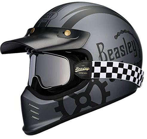 Retro Classic Full Face Motorradhelm, DOT ECE-Zugelassener Straßenfahrradhelm Mit Sonnenblende, Unisex-Erwachsene Cafe Racer ATV UTV Scooter Helme,Gray gear silver mirror,L