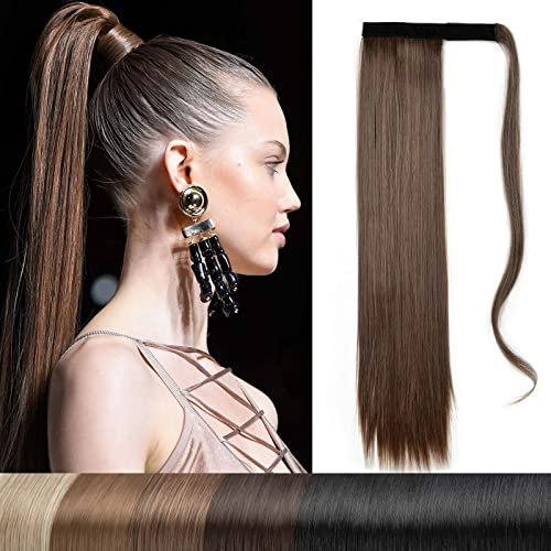 Ponytail Clip in Pferdeschwanz Extension Haarteil Haarverlängerung Zopf Hair Piece gewellt Wavy wie Echthaar Mittelbraun & Hellbraun gemischt Glatt-22(58cm)-110g