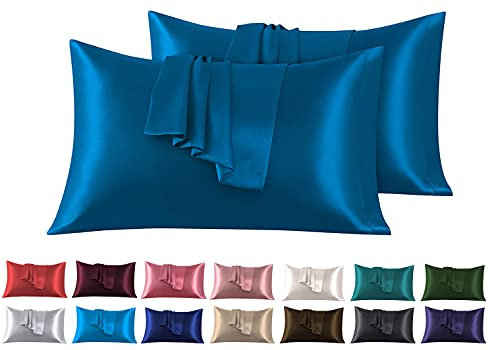 Satin Kissenbezug 40 x 80 cm 2 Stück- 100% Satin, Superweicher Kopfkissenbezug, Kissenhülle Marine blau