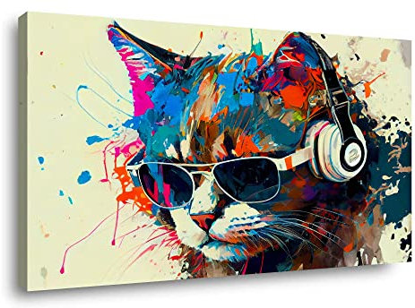 Visario Leinwand Bild Katze Sonnenbrille Kopfhörer Nr 4045 80 x 60 cm Leinwand Bild Wanddeko hochwertig Wohnzimmer Büro Druck