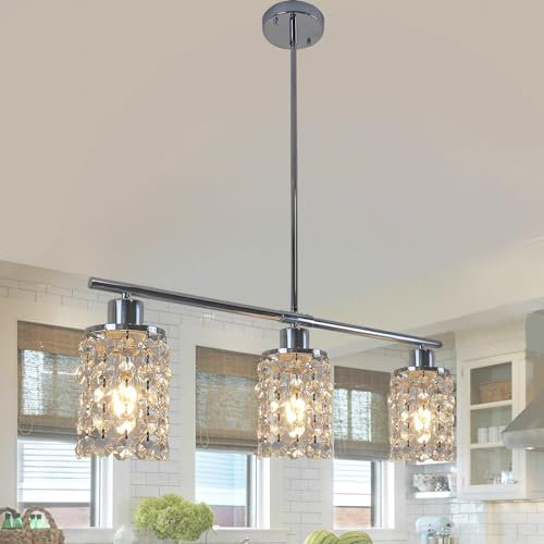 Rviezza Modern Crystal Ceiling Hanging Light, 3-Way Chrome Metal Chandeliers, Crystal Ceiling Lights with E27 Base, Classic Ceiling Pendant Light Fitting for Kitchen Island, Dining Room