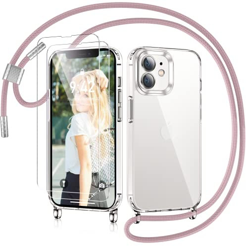 AROYI Handykette Kompatibel mit iPhone 12 / iPhone 12 Pro Hülle mit Band Und 2 Stück Schutzfolie, Transparent Silikon Handyhülle mit Kette zum Umhängeband Abnehmbar Stossfest Case, Rosegold