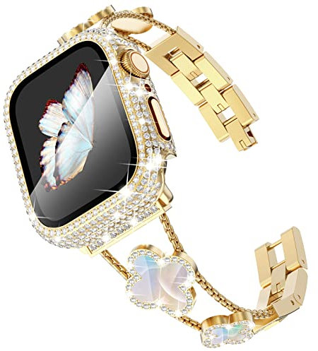 KADES Compatible with Apple Watch Straps 44mm for Women,Bling Diamond Rhinestone Stainless Steel Bracelet with Bling Screen Protective Case for iWatch SE 3 2 1/Series 6 5 4, Gold/Iridescent