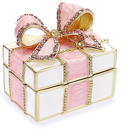 SUMNACON Mini scatola regalo con fiocco, portagioie in stile decorativo, smaltato, incernierato, per anelli di nozze, orecchini, collane, per donne e ragazze (rosa + bianco)