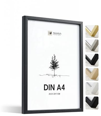 Heimlich® - Bilderrahmen - A4 21x30 cm, Ayous-Holz, Schwarz, Urkunden-, Diplom- und Urkundenrahmen mit Kunststoffabdeckung - Wandmontage oder Tischaufsteller