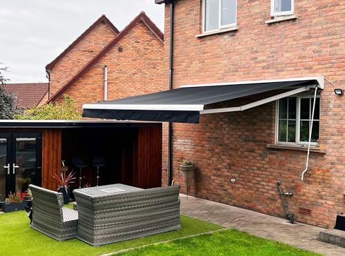 Electric Retractable Patio Awning- Semi Cassette 5m x 2.5m, Motorised Canopy, Remote Control, Ideal for Garden Sun Shade - Anti-UV, Waterproof - Black Frame