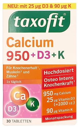 taxofit Calcium 950 + D3 + K | für Knochen, Muskeln & Zähne | 30 St | Calcium, Vitamin D3 & K für den Knochenerhalt, hochdosiert, vegetarisch, glutenfrei, laktosefrei, ohne Farbstoffe