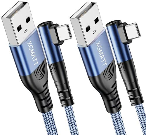 XGMATT Type C Charger Cable 2M 2Pack, Right Angle Fast Charging, Nylon Braided Compatible Samsung S10 S9, Huawei P10, Google Pixel, LG, Blue