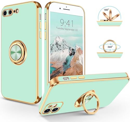 SouliGo for iPhone 7 Plus/8 Plus Case 360° Ring Holder Kickstand Magnetic Car Mount Slim Luxury Bling Plating Soft TPU Anti-Scratch Protective Bumper Phone Cover, Light Green
