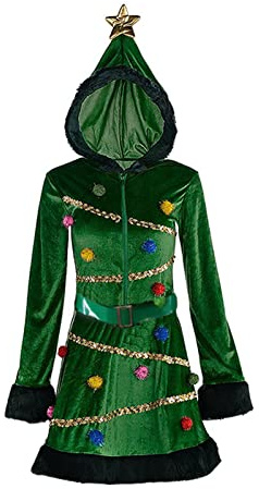 Owegvia Vestito da albero di Natale da donna, per adulti, con cappuccio, paillettes, con cintura, vestito per feste, abito per albero di Natale, vestito per adulti (verde, L)