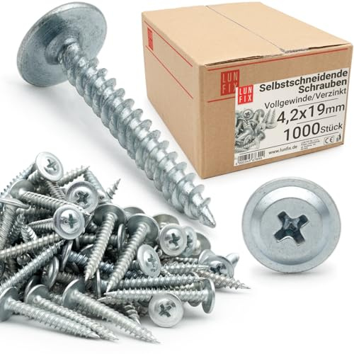 LUN FIX selbstschneidende schrauben 4,2 x 19 mm 1000 Stk verzinkter Stahl | blechschrauben mit Tellerkopf und Kreuzschlitz Kunststoff und metallplatte sicherer Halt für Blech Holz