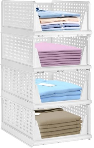Dyserbuy 4 Pack Large Wardrobe Storage Organiser, Large Stackable Storage Drawers, Plastic Wardrobe Storage Boxes, Easy Pull Out Drawer for Closet, Clothes, Shelves, Laundry and Office (White)