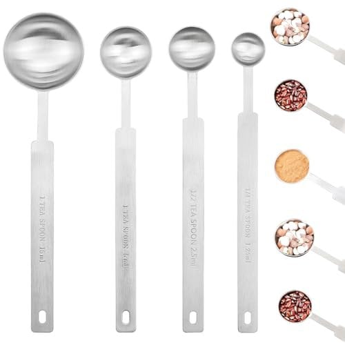 Lot de 4 cuillères à mesurer à long manche en acier inoxydable comprenant 1/4 cuillère à café, 1/2 cuillère à café, 1 cuillère à café, 1 cuillère à soupe pour une mesure précise des ingrédients secs
