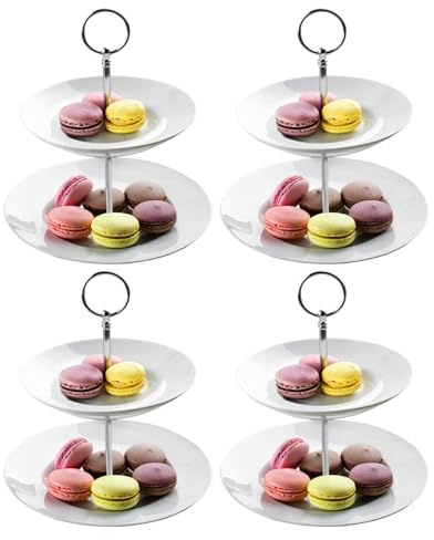 Home4You 4 Etageren mit je 2 Etagen und und je einem Tragegriff - Weiß - Porzellan - Metall - Ø 21 x H 23 cm - Servierplatte Servierständer Servierset - 4er Set