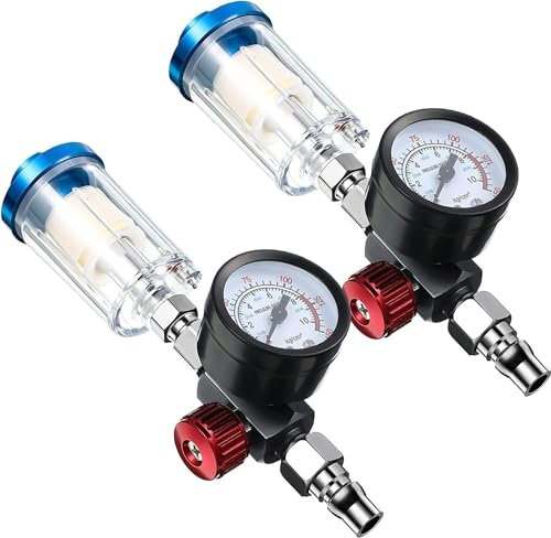 1/4 Inch Air Adjusting Regulator Valve with Pressure Gauge and Water Trap Filter, 2 Pack Oil Separator Water Regulator Air Pressure Regulator for Spray Guns Air Tools, Air Compressor Regulator