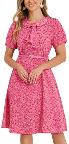 Allegra K Col Claudine Col Claudine pour Femmes avec Ceinture A-Line Élégante Robe Florale Rose Vif M