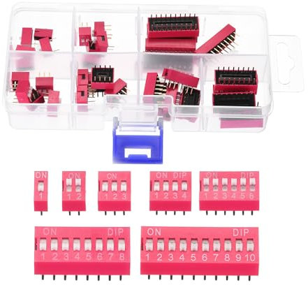 sourcing map 35pcs Double Row Dip Switch Assorted Kit in Box 1 2 3 4 6 8 10 Position 2.54mm PCB Mountable On Off Switch Slide Type Red Toggle Switch for Circuit, Breadboards