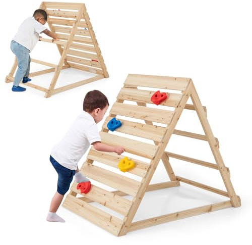 COSTWAY Kletterdreieck, Doppelseitiges Klettergerüst Indoor mit bunten Kletterfelsen und Kletterleitern aus Holz, Kletterspielzeug für Kinder von 3-8 Jahren, Natur