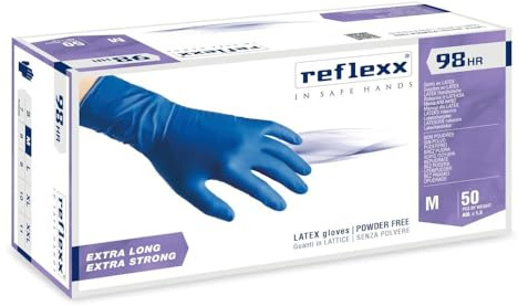 REFLEXX R98 200 500 Guanti in lattice BLU - ALTA RESISTENZA 18,5 GRAMMI - VARIE TAGLIE OFFERTA - POLSO LUNGO HIGH RISK OTTIMO PER IMPRESE DI PULIZIE (500 PEZZI, M)