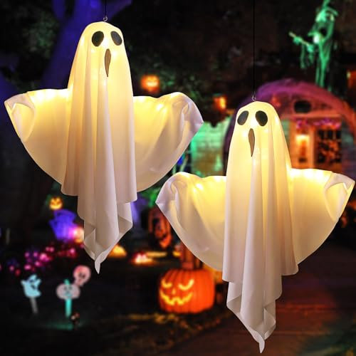 Decorazione per Halloween, HalloweenDecorazioni Fantasma da Appendere Addobbi con Luci Led Casa per Cortile Giardino i per Feste (2pcs white)