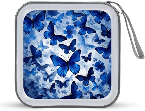 YJWANDO CD Storage Box, Blue Butterflies Print Portable CD Box DVD Storage Box Small Portable CD Box Gift CD Box Home CD Organization