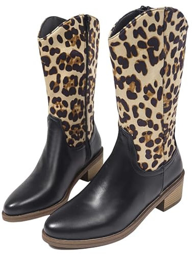 Generisch Stivali da donna in gomma semi-alti con tacco grosso, eleganti stivali da donna con motivo leopardato, alla moda, in pelle, per il tempo libero, per attività all'aria aperta, antiscivolo,