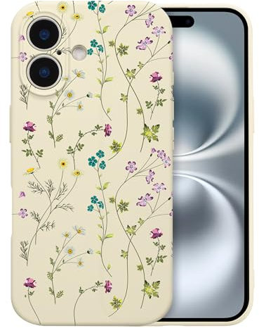 RALEAVO Flower Case for iPhone 16, Liquid Silicone Shockproof Protection Case Cover for Girls Women with Aesthetic Cute Floral Patterns Soft Slim Phone Case for iPhone 16 6.1-Beige