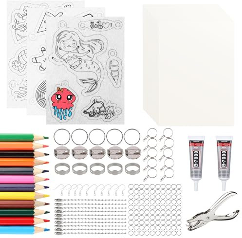 TOPCZY 183 Stück Schrumpffolien Set, nthält Schrumpfkunstpapier, Locher, Ohrhaken, Buntstifte, Broschen und Schlüsselanhänger DIY Gemusterte Schrumpffolie für Handwerk Dekorationen