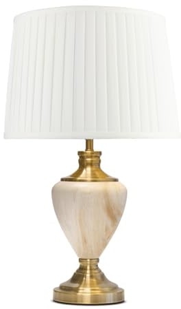 Lighting Supermarket Hepburn Large Tall Table Lamp, Cream Marble Effect Base with Antique Brass Detail, Fabric Shade for Living Room, Console or Side Table (Cream Pleat)