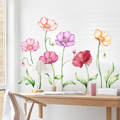 Supzone Adesivi Murali Fiori Decorazioni Muro con Fiori di Papavero Colorati, Motivo Naturale, Adesivi da Parete Autoadesivi Rimovibili per Soggiorno e Camera da Letto, Vetrofanie Primavera