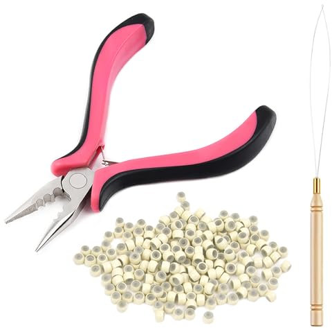 Vlasy Hair Extensions Pliers Kit with 3-Hole Pliers, Loop Needle Threader and 100Pcs 3.0mm Silicone Lined Nano Rings for Hair Tinsel (Blonde)