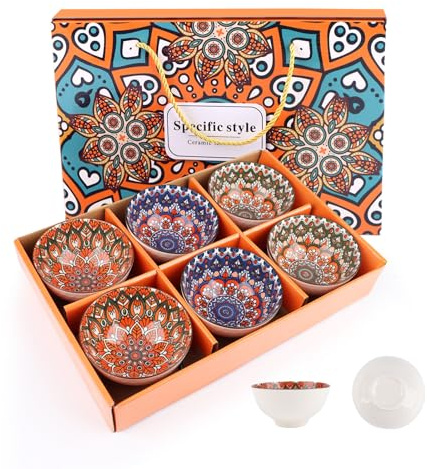 6 Pcs Ceramic Serving Bowls, 10 oz Chinese Rice Bowl with Gift Box, Bohemian Style Small Bowls Dessert Bowl, Porcelain Serving Bowls for Soup, Snack, Fruits, Salads, Dishwasher & Microwave Safe