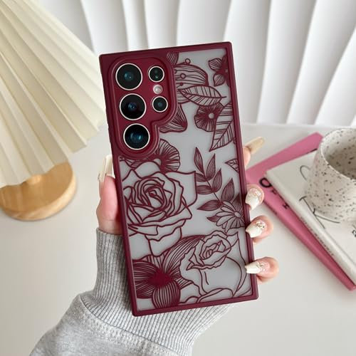 XIZYO Coque pour Samsung Galaxy S24 Ultra, Mignon Mat Translucide Fleur de Rose Floral Motif Coque, Filles Femmes Luxe Souple TPU Antichoc Coque, Vin Rouge