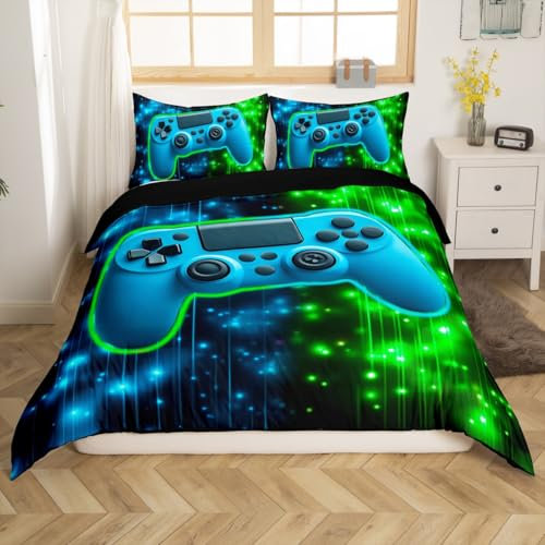 Loussiesd Green and Blue Light Gamepad Duvet Cover Set Double Size For Kids Boys Teens Gamer Bedding Set Gaming Comforter Cover with 2 Pillowcases Came Room Decor