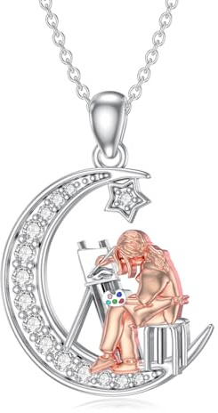 PROESS Flute/Cello/Guitar/Violin/Painting/Piano/Ballet Necklace 925 Sterling Silver Moon Pendant Necklaces Music Dance Jewellry for Women Artist