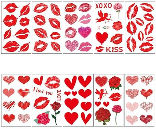 Tatouages Temporaires Visage Cœur - Pack de 10 Autocollants Festifs pour Carnaval, Saint-Valentin & Fêtes - Résistants à l'Eau, Brillants (Lèvres Rouges, Glitter)