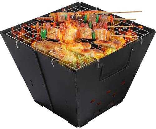 REDCAMP Portable Fire Pit for Camping, 2 in 1 Folding Outdoor Pit with Top Grill Carry Bag, Collapsible Campfire Grill Set for Backyard Garden Patio BBQ, Iron, Black