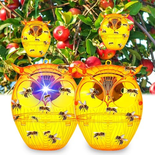 Solar Wespenfallen, 2 Stück Wespenfalle für Draußen, Bienenfalle zum Hinhängen & Hinstellen, Ohne Lockstoff, Eulenform Wespenfänger, Anlocken von Mücken Durch LED Licht Insektenfalle Lebend