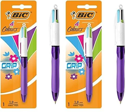 Bic 4 Couleurs Grip Stylo-Bille Rétractable Pointe Moyenne (1,0 mm) - Encres Fantaisie, Blister de 1 (Lot de 2)