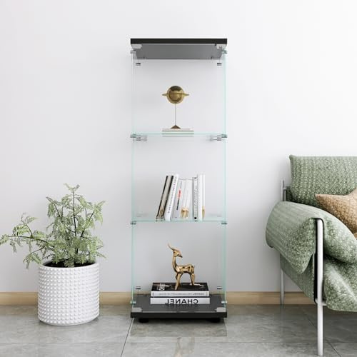 Teahutty Glasvitrine 3 Ablagen, Sammlervitrine mit Tür und Schloss, Floor Standing Curio Cabinets für Wohnzimmer Schlafzimmerk, Hartglas, 36x42x125 cm (Schwarz, 1 Tür + 3 Etagen)